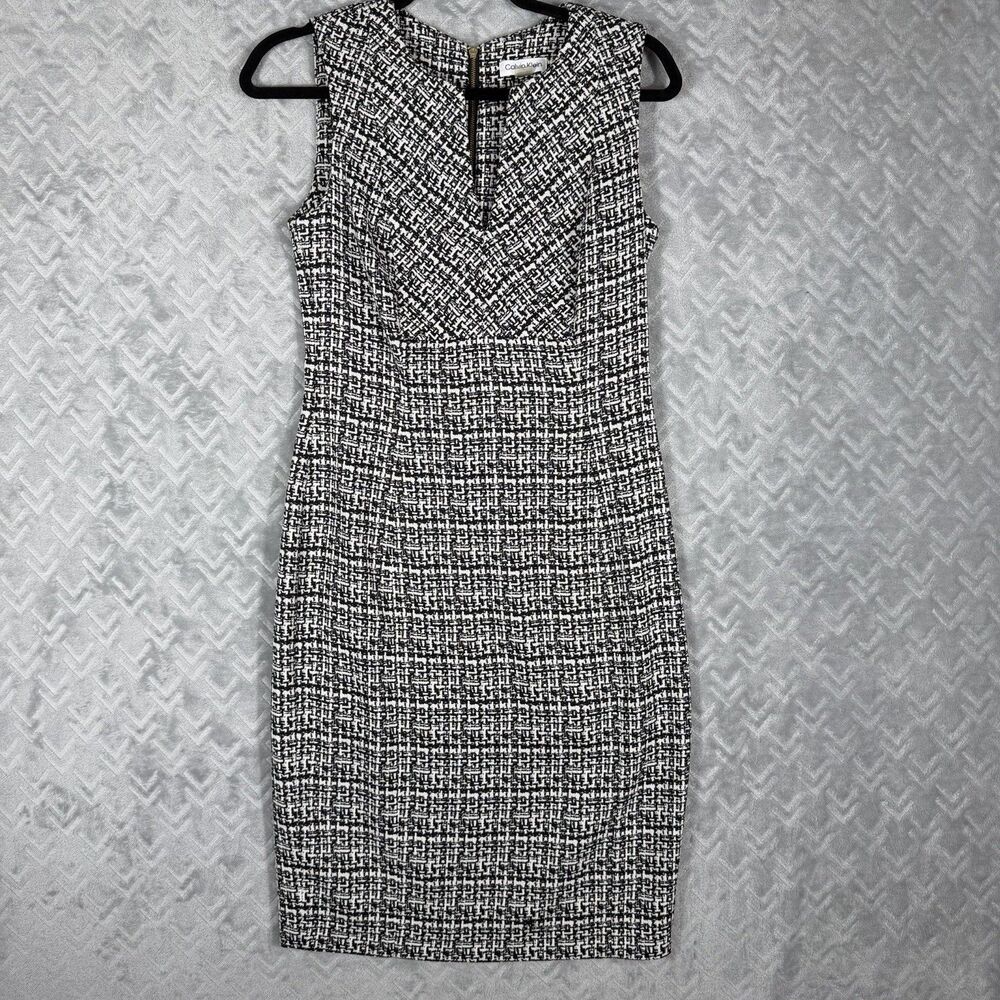 Calvin Klein Marlowe Dress Fitted Sheath V-Neck Knit Tweed Sleeveless Knee Sz 6